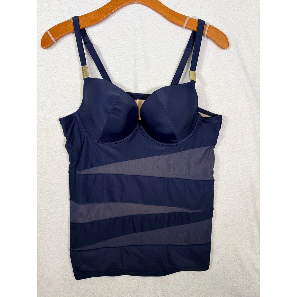 Cacique Navy Blue Mesh Panel Tankini Top Underwire Adjustable Straps 40C‎